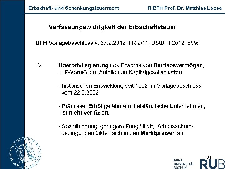 Erbschaft und Schenkungsteuerrecht Ri. BFH Prof. Dr. Matthias Loose Verfassungswidrigkeit der Erbschaftsteuer BFH Vorlagebeschluss