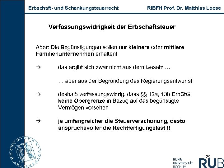 Erbschaft und Schenkungsteuerrecht Ri. BFH Prof. Dr. Matthias Loose Verfassungswidrigkeit der Erbschaftsteuer Aber: Die