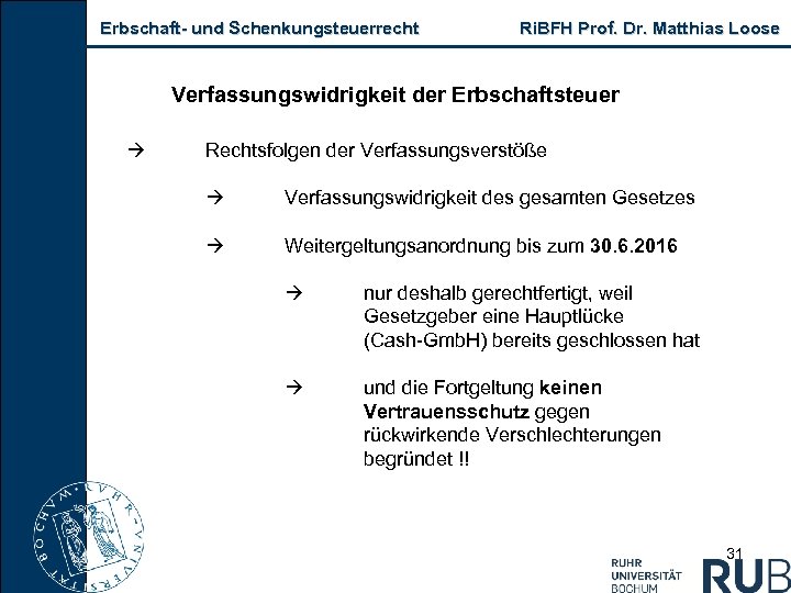 Erbschaft und Schenkungsteuerrecht Ri. BFH Prof. Dr. Matthias Loose Verfassungswidrigkeit der Erbschaftsteuer Rechtsfolgen der