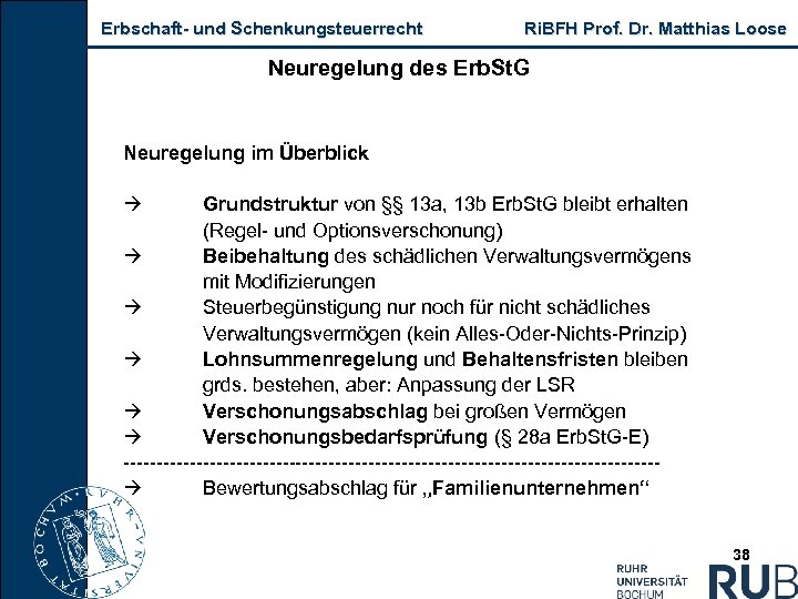 Erbschaft und Schenkungsteuerrecht Ri. BFH Prof. Dr. Matthias Loose Neuregelung des Erb. St. G