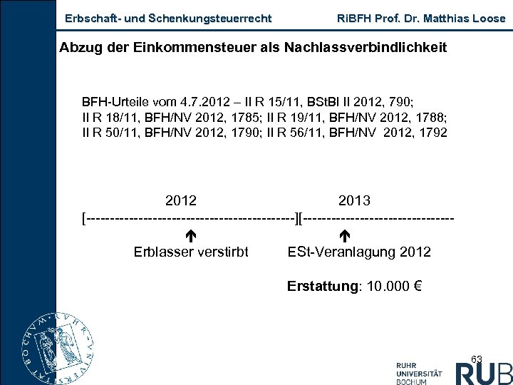 Erbschaft und Schenkungsteuerrecht Ri. BFH Prof. Dr. Matthias Loose Abzug der Einkommensteuer als Nachlassverbindlichkeit