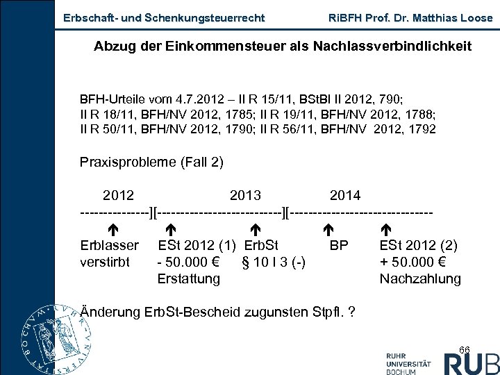 Erbschaft und Schenkungsteuerrecht Ri. BFH Prof. Dr. Matthias Loose Abzug der Einkommensteuer als Nachlassverbindlichkeit