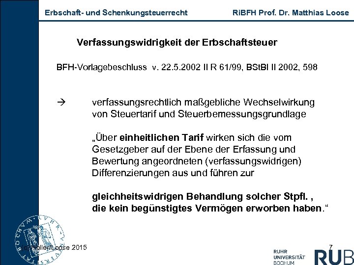 Erbschaft und Schenkungsteuerrecht Ri. BFH Prof. Dr. Matthias Loose Verfassungswidrigkeit der Erbschaftsteuer BFH Vorlagebeschluss