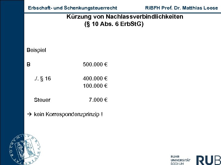 Erbschaft und Schenkungsteuerrecht Ri. BFH Prof. Dr. Matthias Loose Kürzung von Nachlassverbindlichkeiten (§ 10