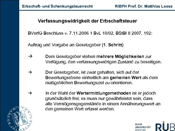 Erbschaft und Schenkungsteuerrecht Ri. BFH Prof. Dr. Matthias Loose Verfassungswidrigkeit der Erbschaftsteuer BVerf. G