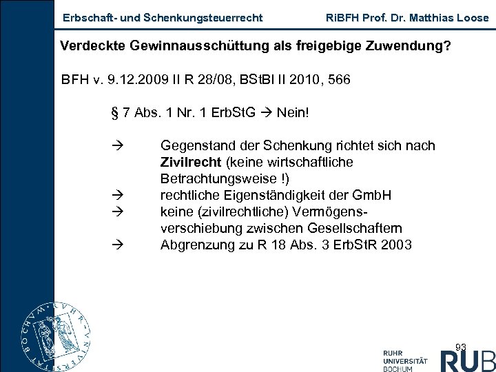 Erbschaft und Schenkungsteuerrecht Ri. BFH Prof. Dr. Matthias Loose Verdeckte Gewinnausschüttung als freigebige Zuwendung?