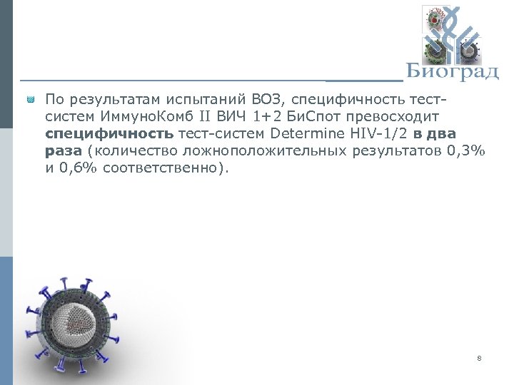 По результатам испытаний ВОЗ, специфичность тестсистем Иммуно. Комб II ВИЧ 1+2 Би. Спот превосходит