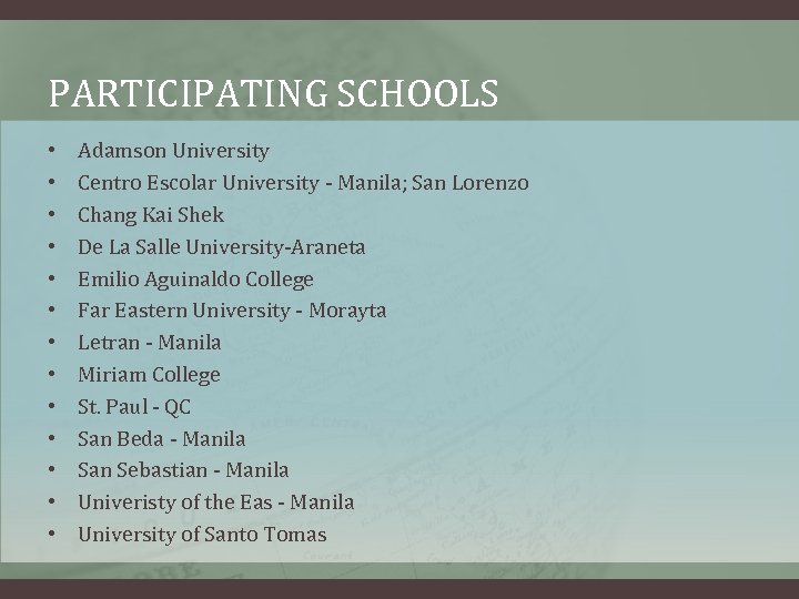 PARTICIPATING SCHOOLS • • • • Adamson University Centro Escolar University - Manila; San