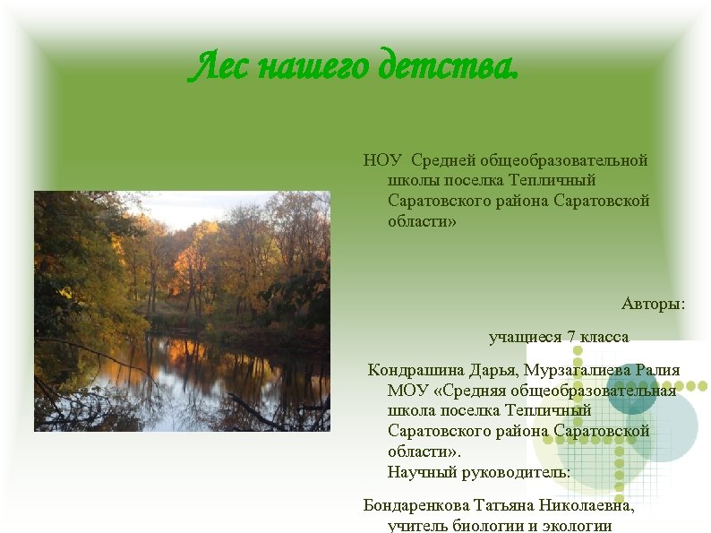 Лес нашего детства. НОУ Средней общеобразовательной школы поселка Тепличный Саратовского района Саратовской области» Авторы:
