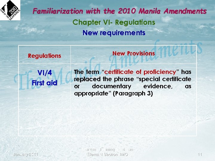 Familiarization with the 2010 Manila Amendments Chapter VI- Regulations New requirements Regulations New Provisions