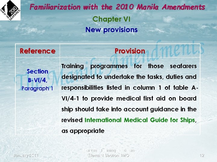 Familiarization with the 2010 Manila Amendments Chapter VI New provisions Reference Section B-VI/4, Paragraph