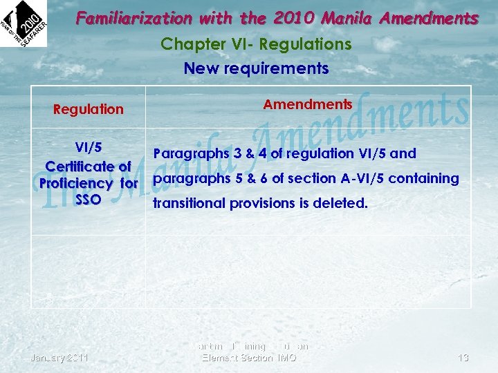 Familiarization with the 2010 Manila Amendments Chapter VI- Regulations New requirements Regulation VI/5 Certificate