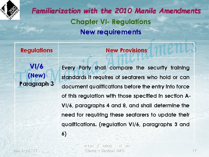 Familiarization with the 2010 Manila Amendments Chapter VI- Regulations New requirements Regulations New Provisions