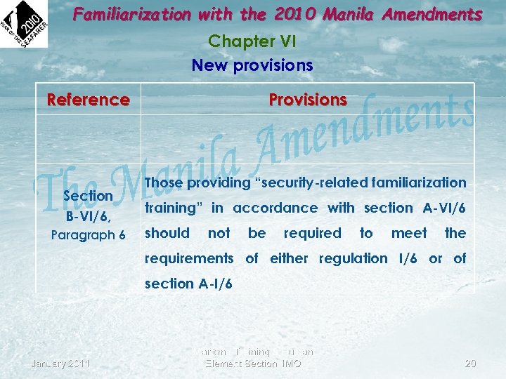 Familiarization with the 2010 Manila Amendments Chapter VI New provisions Reference Section B-VI/6, Paragraph