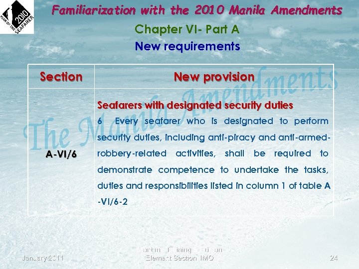 Familiarization with the 2010 Manila Amendments Chapter VI- Part A New requirements Section New