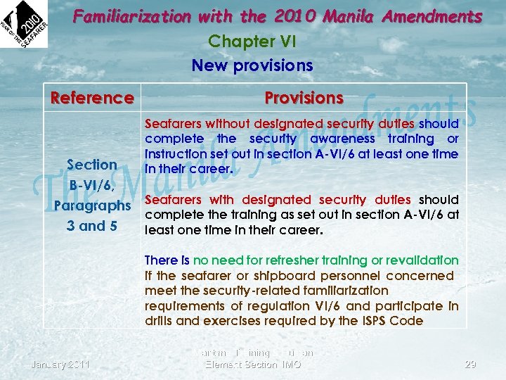 Familiarization with the 2010 Manila Amendments Chapter VI New provisions Reference Provisions Seafarers without