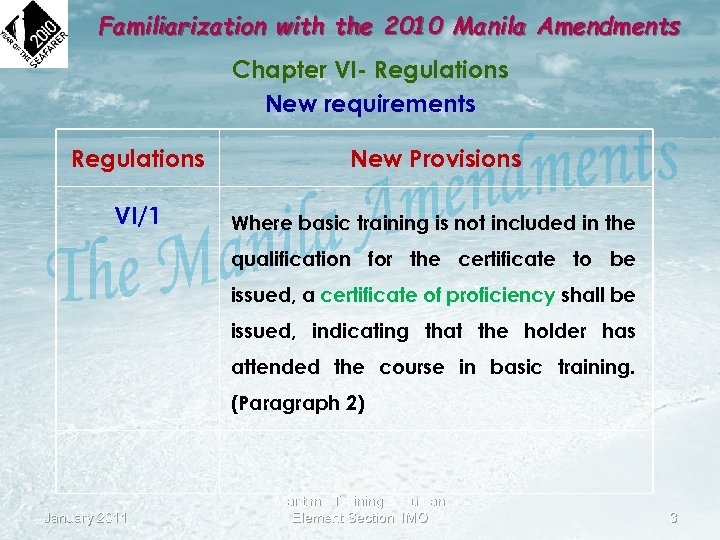 Familiarization with the 2010 Manila Amendments Chapter VI- Regulations New requirements Regulations New Provisions