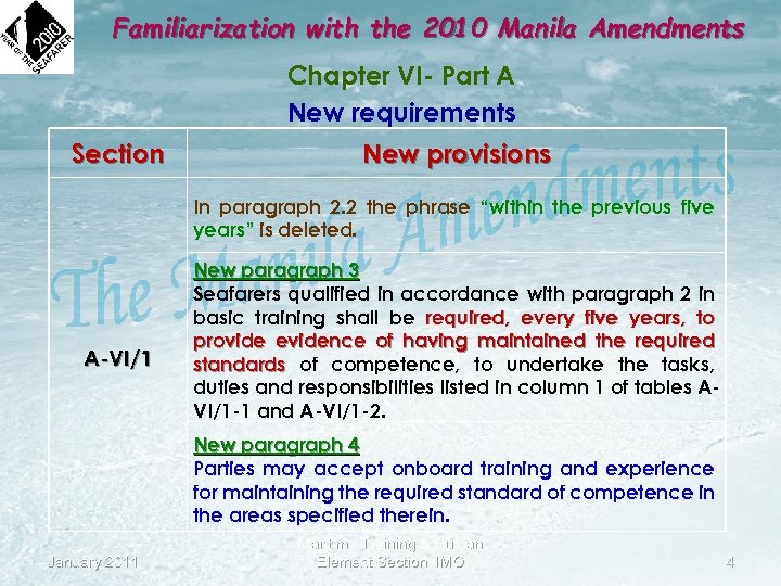 Familiarization with the 2010 Manila Amendments Chapter VI- Part A New requirements Section New