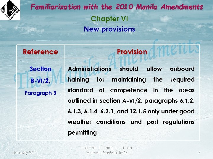 Familiarization with the 2010 Manila Amendments Chapter VI New provisions Reference Provision Section Administrations