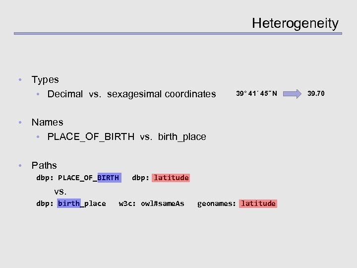 Heterogeneity • Types • Decimal vs. sexagesimal coordinates 39° 41´ 45˝ N • Names