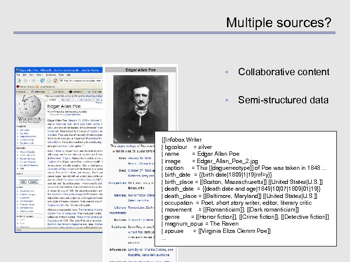 Multiple sources? • Collaborative content • Semi-structured data {{Infobox Writer | bgcolour = silver