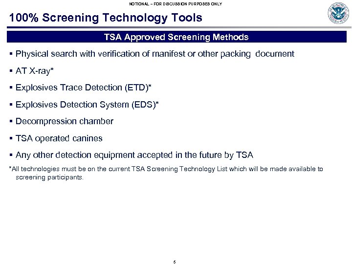 NOTIONAL – FOR DISCUSSION PURPOSES ONLY 100% Screening Technology Tools TSA Approved Screening Methods