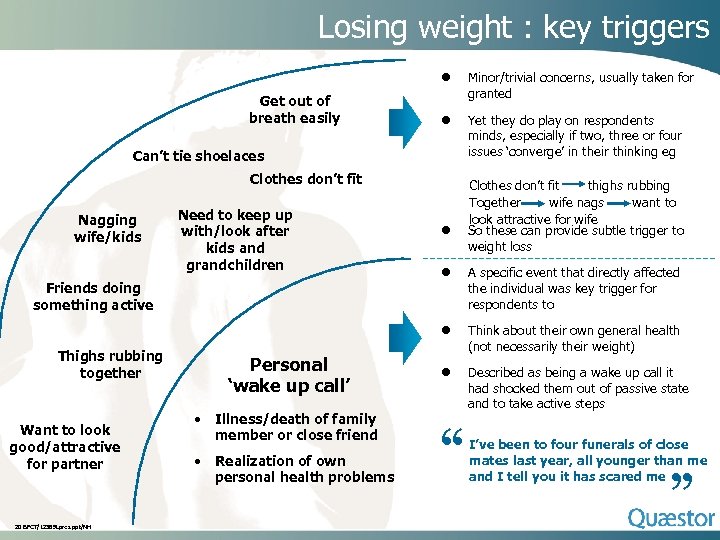 Losing weight : key triggers l Get out of breath easily Minor/trivial concerns, usually