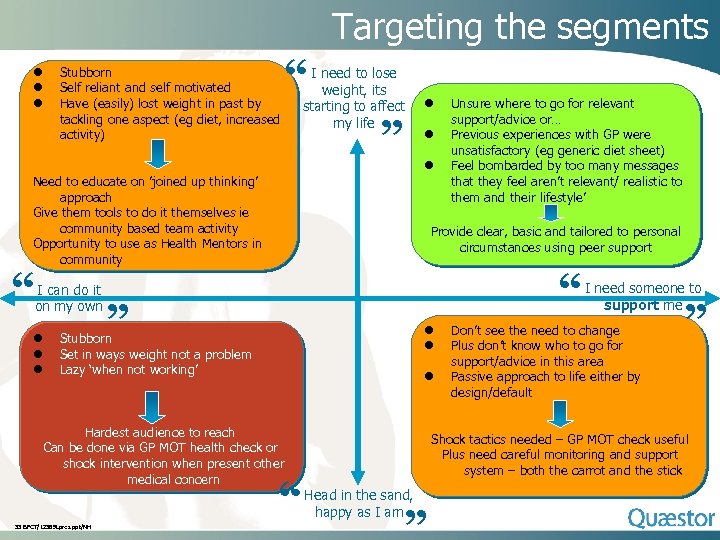 Targeting the segments Stubborn Self reliant and self motivated Have (easily) lost weight in