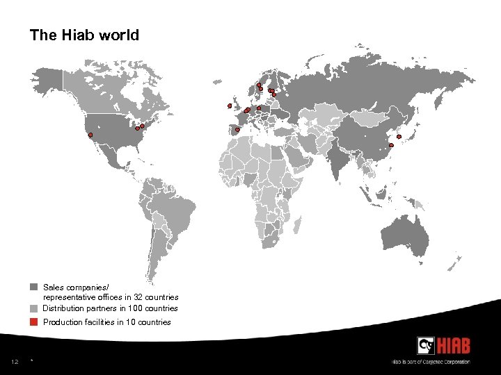The Hiab world Sales companies/ representative offices in 32 countries Distribution partners in 100