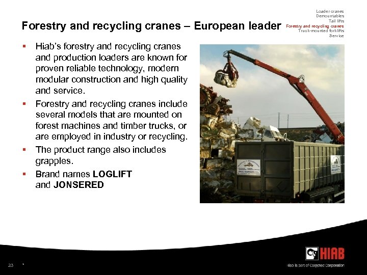 Forestry and recycling cranes – European leader § § 23 * Hiab’s forestry and