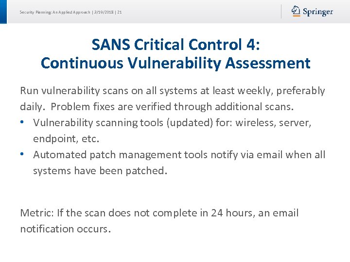 Security Planning: An Applied Approach | 3/19/2018 | 21 SANS Critical Control 4: Continuous