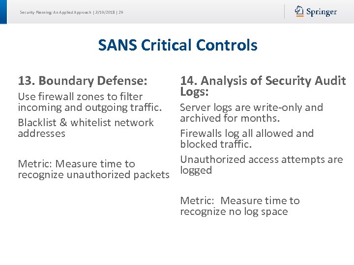 Security Planning: An Applied Approach | 3/19/2018 | 29 SANS Critical Controls 13. Boundary