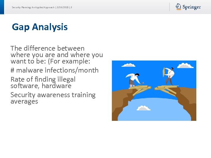 Security Planning: An Applied Approach | 3/19/2018 | 3 Gap Analysis The difference between