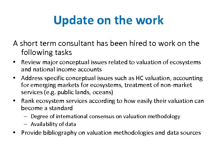 Update on the work A short term consultant has been hired to work on