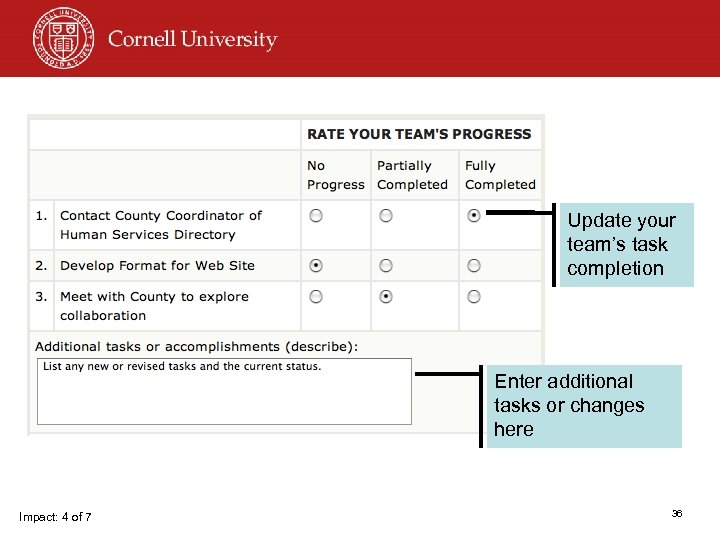 Update your team’s task completion Enter additional tasks or changes here Impact: 4 of
