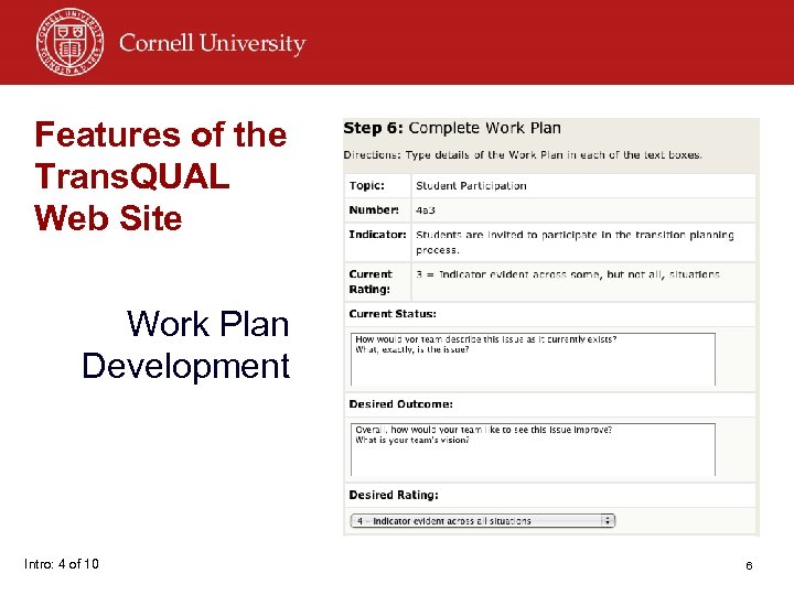 Features of the Trans. QUAL Web Site Work Plan Development Intro: 4 of 10