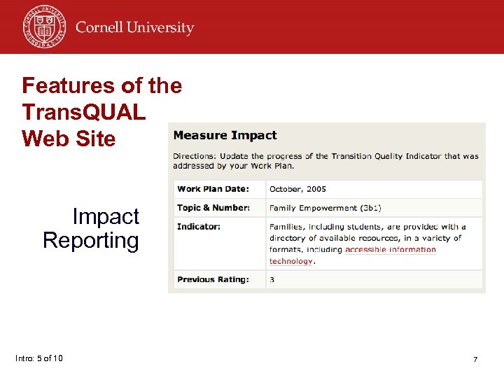 Features of the Trans. QUAL Web Site Impact Reporting Intro: 5 of 10 7