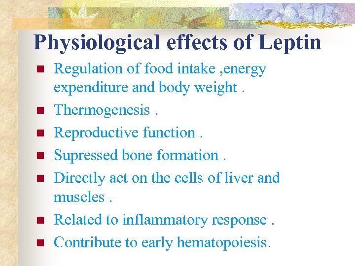 Physiological effects of Leptin n n n Regulation of food intake , energy expenditure