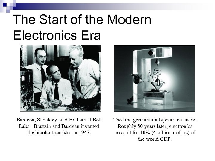 The Start of the Modern Electronics Era Bardeen, Shockley, and Brattain at Bell Labs