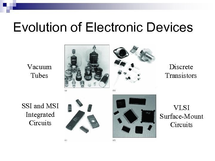 Evolution of Electronic Devices Vacuum Tubes Discrete Transistors SSI and MSI Integrated Circuits VLSI
