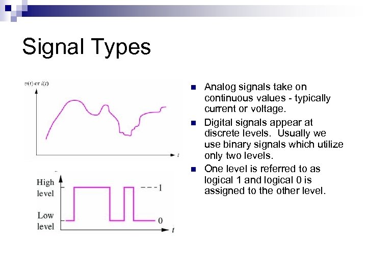 Signal Types n n n Analog signals take on continuous values - typically current