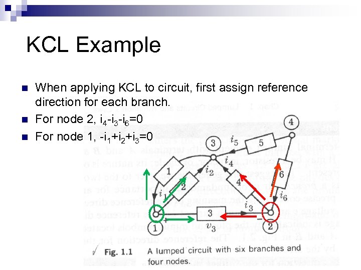 KCL Example n n n When applying KCL to circuit, first assign reference direction