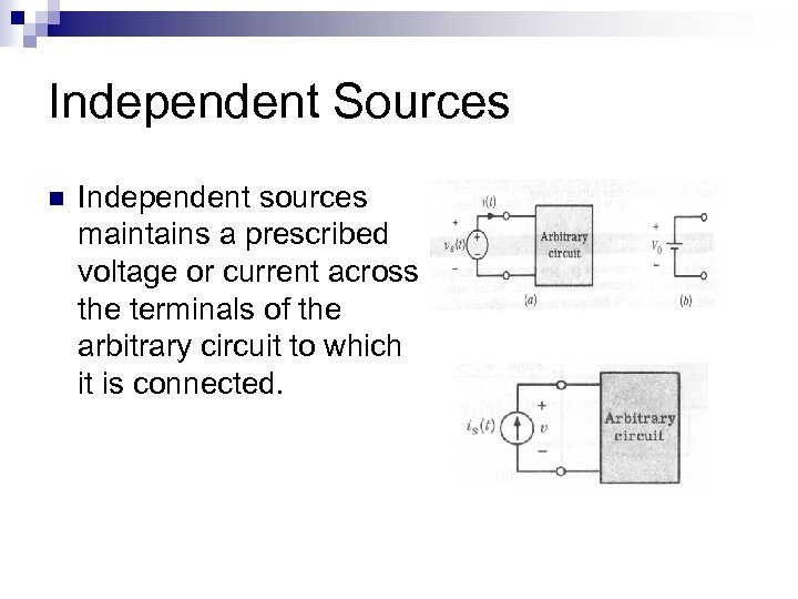 Independent Sources n Independent sources maintains a prescribed voltage or current across the terminals