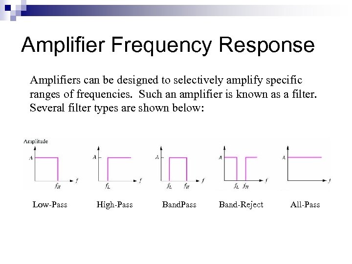 Amplifier Frequency Response Amplifiers can be designed to selectively amplify specific ranges of frequencies.