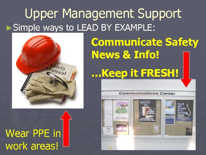 Upper Management Support ► Simple ways to LEAD BY EXAMPLE: Communicate Safety News &