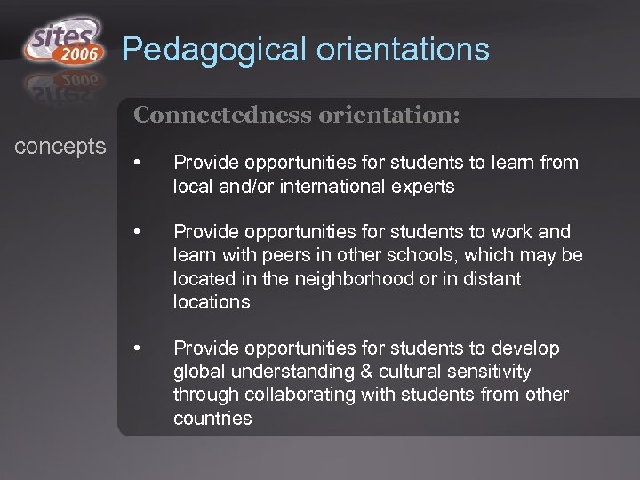 Pedagogical orientations Connectedness orientation: concepts • Provide opportunities for students to learn from local