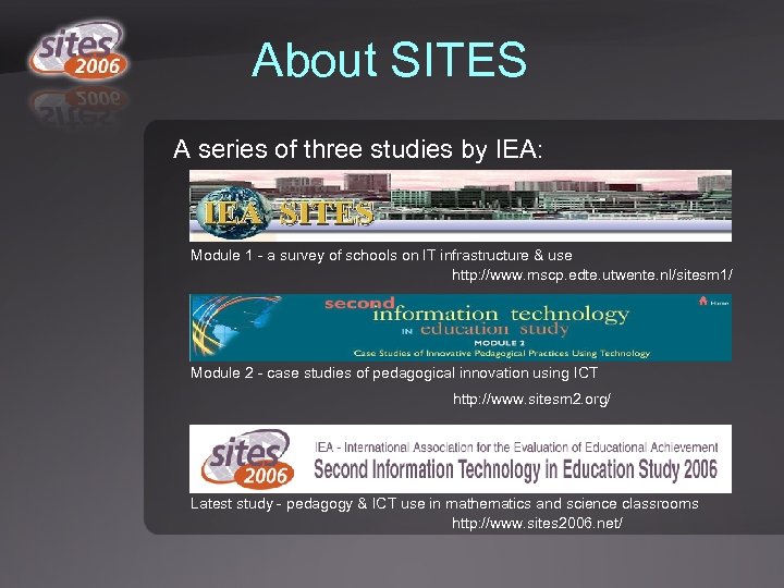 About SITES A series of three studies by IEA: Module 1 - a survey