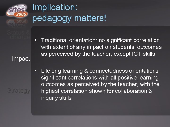 Implication: pedagogy matters! Status & change Impact • Traditional orientation: no significant correlation with