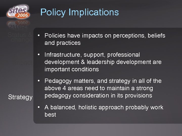 Policy Implications Status & • Policies have impacts on perceptions, beliefs change and practices