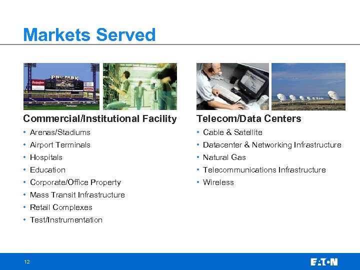 Markets Served Commercial/Institutional Facility Telecom/Data Centers • Arenas/Stadiums • Cable & Satellite • Airport